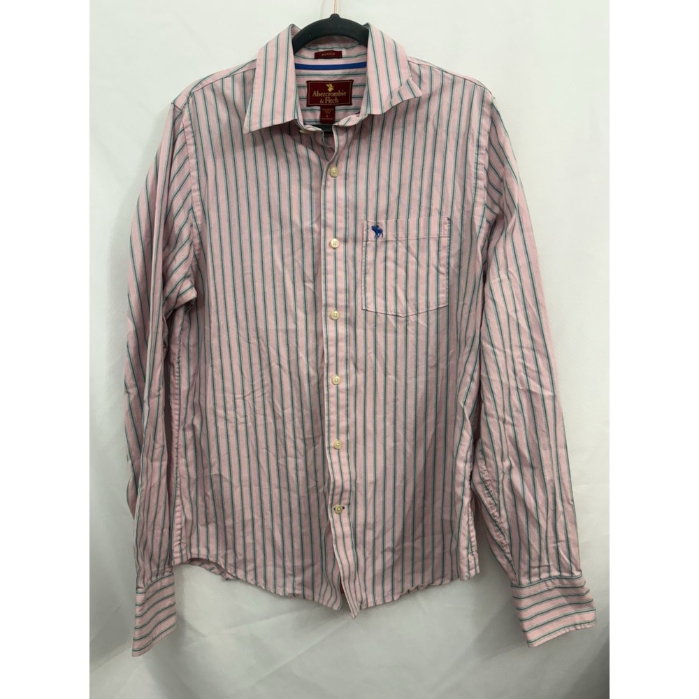 Abercrombie & Fitch Button Up Shirt Men L Pink Stripe Muscle Fit Long Sleeve